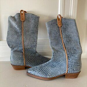 NWOT We The Free Free People Montage Tall Blue Croc Leather Boots Sz 36